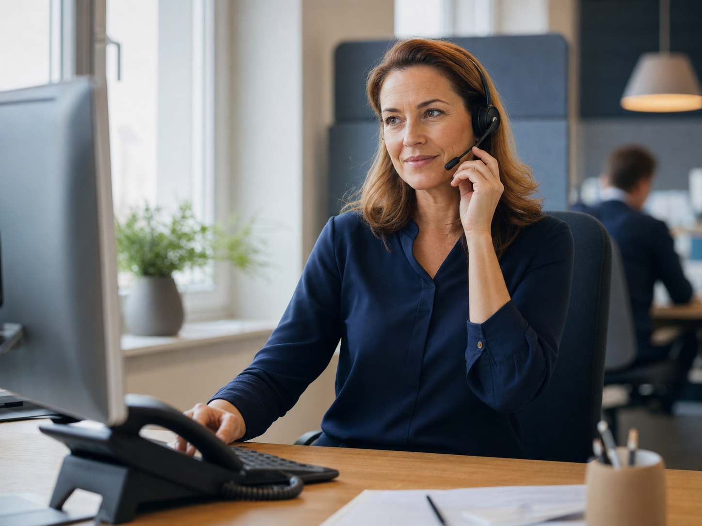 Mitarbeiterin mit Headset betreut professionell Anrufende eines Unternehmens